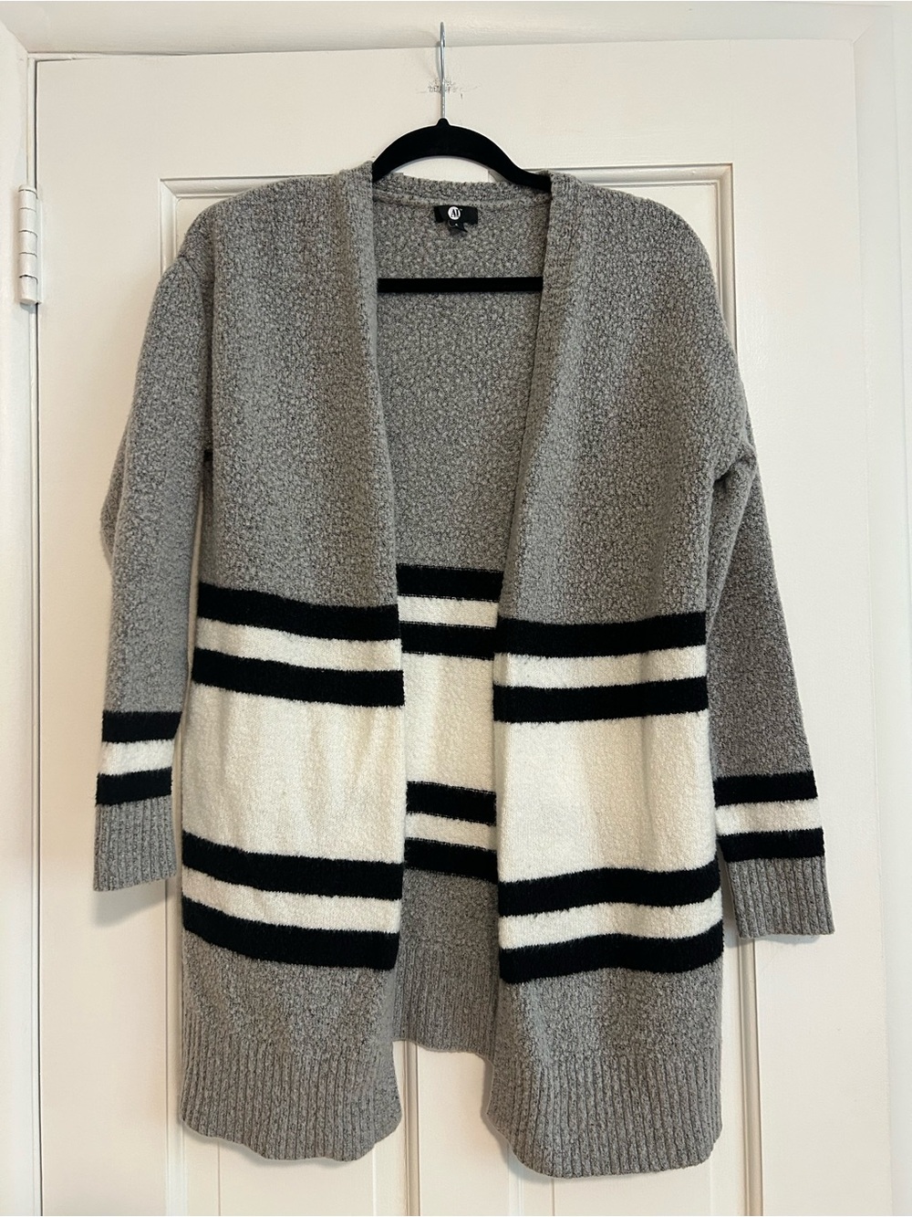 Cozy Open-Front Striped Cardigan in Gray, Black & White Below Knee Calf